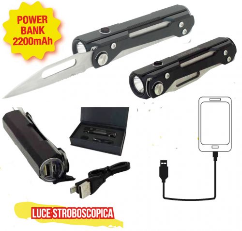 WIEDERAUFLADBARE "SURVIVAL"-LED-TASCHENLAMPE MIT POWERBANK UND MESSER